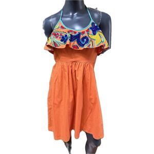 Judith March Orange Embroidered Halter Dress Size Medium Colorful Summer Dress